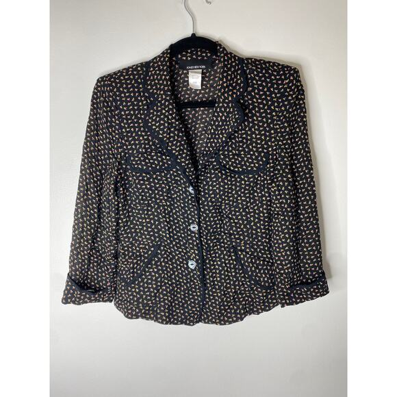 Vintage y2k Women's 100% Silk Black Pink Ditsy Floral Whimsigoth Blouse Top 6 - Picture 2 of 9